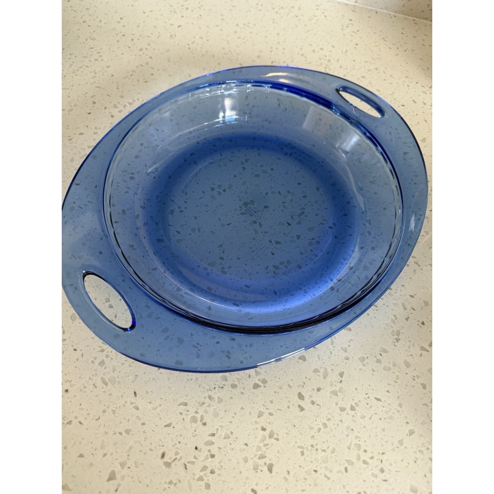 Vtg Anchor Hocking 9" Cobalt  Blue Pie or Casserole Dish, Finger Slip-in Handles